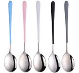 DHRUSIMI 8 Inch Soup Spoons Stainless Steel, Round Head Soup Spoons, Modern Thick Long Handle SUS304 Korean Spoon, Dinner Metal Spoons for Soup, Grain,Dessert,Milk,Tea,Coffee (Silver, Set of 5)