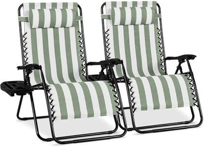 Best Choice Products Set of 2 Extra Wide Adjustable Steel Mesh Zero Gravity Lounge Chair Recliners w/Pillows and Cup Holder Trays - Sage Green Stripes