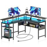 Rolanstar Computer Desk L Shaped 56.7" with LED Lights & Power Outlets, Reversible L Shaped Gaming Desk with Monitor Stand, Office Desk with Storage, Writing Desk with USB Port & Hook, Carbon Fiber