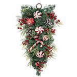 Briful 30" Christmas Teardrop Swag for Windows Artificial Winter Swags Garland with Pinecones, Berry Clusters, Red Xmas Baubles and Candy Cane for Thanksgiving Holiday Christmas Decorations
