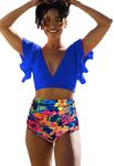 Sporlike Women Ruffle High Waist Swimsuit Two Pieces Push Up Tropical Print Bikini(Print 33,Medium)