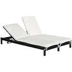 Outsunny Wicker Double Chaise Lounger Chair Outdoor Recliner 2 Person Rattan Patio Reclining Sunbed Furniture Cushioned w/Adjustable Backrest, Black, Cream White