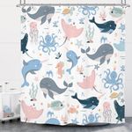 Riyidecor Kids Ocean Whale Shower Curtain 72Wx72H Inch Underwater Dolphin Cartoon Animal Octopus Jellyfish Sealife Cute Pink Blue Marine Turtle Bathroom Decor Fabric Polyester Waterproof 12 Pack Hooks