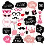 Birthday Photo Booth Props Kit - Happy Birthday Party Favors Supplies Bday Party Decoration Set with Real Glitter Cute Bday Designs for Women or Girls - Easy to Assemble 30 Pieces (Rose Gold)