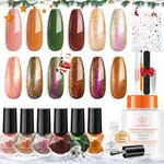 modelones Christmas Complete Nail Polish Set Red Green Gold Purple Glitter Flakie Quick Dry Nail Lacquer Kit with Nail Remover Sticker Base Top Coat, 6 Colors Holiday DIY Manicure Gift for Women Girls