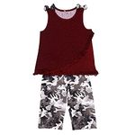 Bold N Elegant Sleeveless Maroon Heart Self Print Ruffle Tank Top with Camouflage 3/4th Capri Pant Clothing Set for Infant Toddler Baby Girls (Maroon - Camouflage, 2-3 Years, 2_Years)