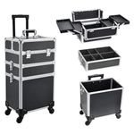 3 in 1 Makeup Trolley Beauty Case On Wheels 3-in-1 Rolling Makeup Train Case Make Up Trolley Hairdressing Trolley On Wheels Nail Organiser Storage Box (Black)