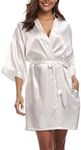 Old-Times Women's Silk Kimono Robes Short Robe Satin Bathrobe for Bridesmaids and Bride White Large