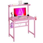 TREETALK Gaming Desk,80CM Industrial Writing Desk with Height Adjustable Monitor Stand to 5 Position(84.5-120cm), PC Laptop Workstation with Cupholder and Headphone Hook for Home Office (Pink)