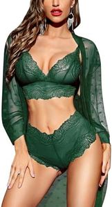 RSLOVE Sexy Lingerie pour Femmes Ensemble de Lingerie en Dentelle avec Peignoir en Maille Ensemble 3 pièces Vêtements de Nuit Vert S