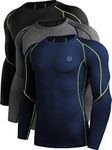 Neleus Men's 3 Pack Compression Workout Long Sleeve Shirts,5030,Black (Green Stripe),Grey,Navy Blue,US L,EU XL