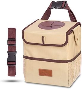 Creathing Car Trash Can with Lid, Detachable Lining | Console, Floor, Seat Hanging Car Garbage Bin and Storage Bag, Truck and Car Accessories (2 Gal, Beige)