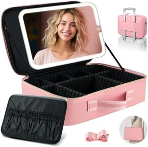 Suupvaor 15''X11'' Large Makeup Bag with Removable Lighted Mirror, Professional Travel Makeup Train Case PU Leather Cosmetic Make up Organizer with Adjustable Dividers & Brush Storage Board