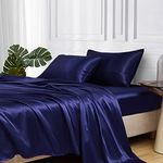 MR&HM Satin Bed Sheets, Queen Size Sheets Set, 4 Pcs Silky Bedding Set with 15 Inches Deep Pocket for Mattress (Queen, Navy Blue)