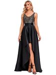 Ever-Pretty Women's V Neck Elegant A Line Hi-Low Empire Waist Satin Skirt Long Ball Evening Dresses with Sequin Black 14UK