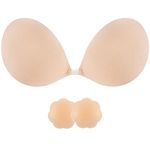 SHINYMOD Stick on Bra, Strapless Backless Sticky Bras for Women, Adhesive Silicone Invisible Push Up Bra Reusable Skin Comfortable Cup Bra with 2Pcs Nipple Covers Beige C