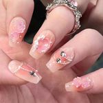 Secret Lives Glossy Reusable Artificial Peach Color with 3D Stud Mirror & Flower Design Press on Nails with Kit