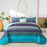 WONGS BEDDING Boho Quilt King Size, Blue Purple Bohemian King Quilt, Lightweight Microfiber Bed Decor Bedspread for All Season 103"x90"(3 Pieces)