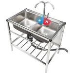 Utility Sink Stainless Steel Double Bowl Sink, 32.7" x 17.3" x30.3" Free Standing Commercial Restaurant Kitchen Sink with Hot and Cold Faucet for Laundry,Garage,Cafe Bar