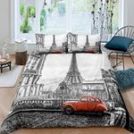 Loussiesd Novelty Duvet Cover Set King Size Decorative Microfiber Polyester Bedding Set Paris Eiffel Tower Print Grey Famous City Scene Comforter Cover with 2 Pillow Shams, Zipper, Modern 3 Pieces