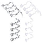 D.Bella Silver Nose Studs, 16pcs 20G Clear Nose Stud Rings Piercing Jewelry Screws for Weaving Witch Teardrop Piercings