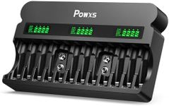 POWXS Rechargeable AA AAA 9V Battery Charger with 1800mA High-Speed, 12 Bay Independent Battery Charger for 1.2V Ni-MH Ni-CD AA AAA 9V Rechargeable Batteries and 9V Lithium ion(Include AC Cable)