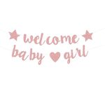 Baby Shower Party Decoration, Welcome Baby Girl Banner Glitter Welcome Baby Decorations for Girls Newborn Birthday Party Hanging Decorations Party Supplies,Pink