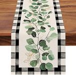 Seliem Spring Eucalyptus Leaves Greenery Table Runner, Black White Buffalo Plaid Check Kitchen Dining Table Decor, Green Plants Botanical Summer Farmhouse Home Decoration Party Supply 13 x 90 Inches