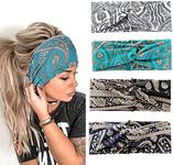 4Pcs Wide Headbands Non Slip Turban Hair Bands Soft Boho Headwrap Sweat-Absorbent Hair Headband Bohemian Women Cross Headband Elastic Sweat-Absorbent Hair Bands for Women, Boho Color