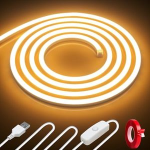 3m Warm White USB LED Neon Strip Lights，Cozylady Waterproof 3000K LED Rope Light 120LED/M, 1M USB Cable with Switch, Flexible Silicone Neon Strips for Mirror Wardrobe Kitchen DIY Home