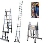 Telescopic Stainless Steel A-Frame Ladder 16.5ft/ 5m Retractable Collapsible Ladders EN131 Safe Standard 330 LB Load Capacity (2.5m + 2.5m)