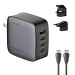 T Teclusive 100W Gan Super Fast Charging 4 Ports USB Type C Charger Compatible for iPhone 15 14 13 Pro Max/Laptop MacBook | World International Sockets Travel Adapter with Multi Port USB C (Black)