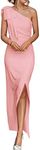 PRETTYGARDEN Women's Summer One Shoulder Long Formal Dresses Sleeveless Ruched Bodycon Wedding Guest Slit Maxi Dress (Pink,Medium)