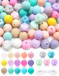 Cinvo 100pcs Silicone Loose Beads 15mm Round Rubber Beads 14mm Hexagon Shaped Beads Jewelry Making Large Beads with 5m Lanyard for Bracelets Necklace Jewelry Making Supplies(Macaron Color Beads Kit)