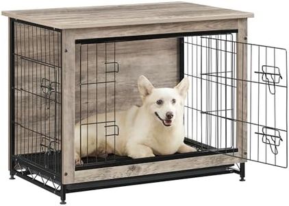 Feandrea 32.5" Dog Crate Furniture, Indoor Dog Cage Side End Table, L Pet Wood Kennel for Large and Medium Dogs up to 45 lb with Multi-Purpose Removable Tray, Double-Door Pet House, Greige