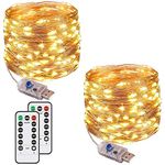 Augone [2 Pack] Fairy String Lights, 120LED 12M/40Ft 8 Modes USB Plug in Powered Lights Waterproof Outdoor/Indoor Copper String Lights with Remote Timer for Bedroom, Party, Christmas (Warm White)