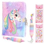 Heyu-Lotus Secret Diary with Lock for Girls Plush Unicorn Journal Notebook Set with Unicorn 6-in-1 Ballpoint Pens Crystal Flower Heart Stickers for Girls Children Thought Journal Writing(Purple)