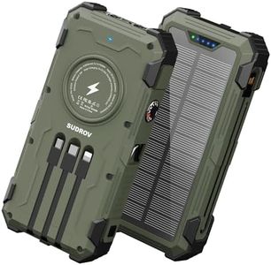 Sudrov Solar Power Bank 42,800mAh, 15W Wireless Portable Charger with Built-in Cables, Outdoor Solar Battery Pack with LED Flashlight, Fast Charging for iPhone, Samsung, iPad etc