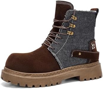 NENGMAON Men'S Denim Suede patchwork Motorcycle Boots With Side Zipper retro Comfortable Round Toe lace-up Lug sole Non-slip Riding Combat Ankle Boots for Work Hiking Cycling (Brown,10)