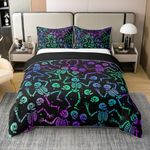 100% Organic Cotton Sugar Skull Duvet Cover Halloween Bedding Set Full Size Green Blue Purple Ombre Comforter Cover For Kids Boys Girls Skeleton Bones Quilt Cover Soft Horror Theme Bedroom Decor 3Pcs