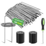 Graxury 100Packs 6 Inch Heavy Duty 11 Gauge Garden Pins Stakes with 100Packs Gasket - Galvanized Steel Staples Pegs for Securing Anchoring Weed Fabric Landscape,Netting and Tubing with 1 Pick Hook