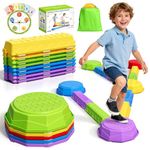 HYES Stepping Stones & Balance Beams for Kids, Indoor Outdoor Balance Stepping Stones Set with 30 Game Cards, Spinner & Storage Bag, Non-Slip Stackable Sensory Toys for Toddlers Ages 3+