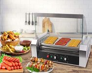 Safstar Commercial 18 Hot Dog 7 Non-Stick Roller Machine, Electric Hot Dog Sausage Grill Cooker Machine with Removable Stainless Steel Drip Tray & Glass Hood Cover, Countertop Hot Dog Roller Warmer