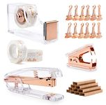 BOMEI PACK Desk Stapler Set, Tape Dispenser with 3Rolls Transparent Tape, Staple Remover with 1000 Staples and 12 Binder Clips, Acrylic Rose Gold Office Accessories Kit