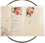 25pcs 5"x7.28" Ivory Vintage Tri Fold Wedding Invitations Cards Pocket Pearl Paper Laser Cut Hollow Carving Greeting invites Covers only no Envelope no Insert 125 x 185mm/4.92'' x 7.28 Ivory Cover