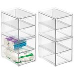 mDesign Stackable Storage Containers Box with 2 Pull-Out Drawers - Stacking Plastic Drawer Bins for Master or Guest Bathroom, Linen Closet, Vanity, or Makeup Table - Lumiere Collection - 4 Pack, Clear