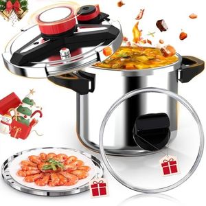 18/8 Stainless Steel Pressure Cooker 10 Quart, [One-Hand Locking] Pressure Cooker, [3-In-1] Olla de Presion, Induction Compatible, Gas Stovetop Compatible,Includes Glass Lid & Steamer Rack