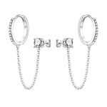 925 Sterling Silver Chain Hoop Earrings for Women, Silver Double Piercing Two Holes Huggie Hoop Earrings Tassel Link Cuff Cartilage Helix Cubic Zirconia Stud Earrings for Teen Girls Jewellery Gifts