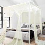 South to East Beige Bed Canopy, Top Elegant Bed Drapes for Bedroom Decor, 70D Polyester Mesh, 4 Openings, Easy Install