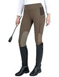 FitsT4 Sports Women's Riding Tights with Zipper Pockets Knee-Patch Cooling Mesh Equestrian Breeches Horse Schooling Pants Brown Size L